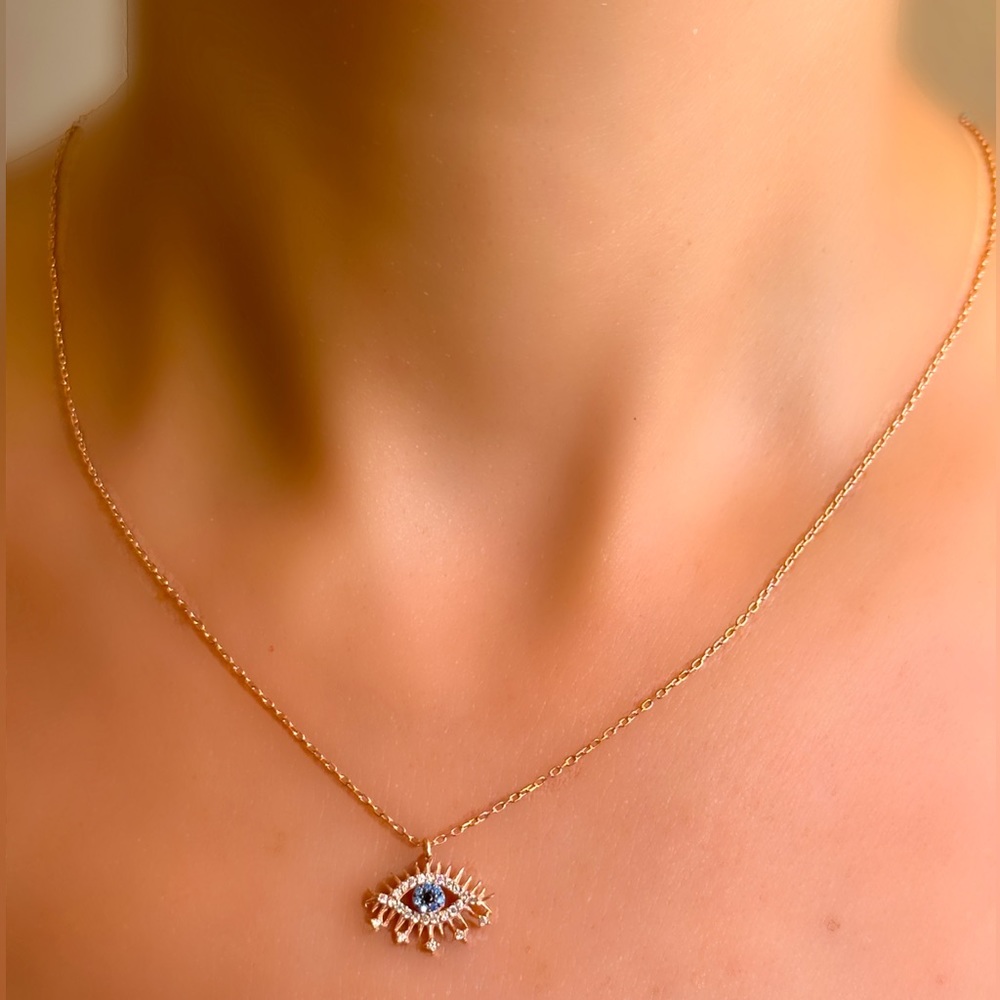 925k Sterling Silver Minimalist Evil Eye Necklace, Dainty, Zircon Stones